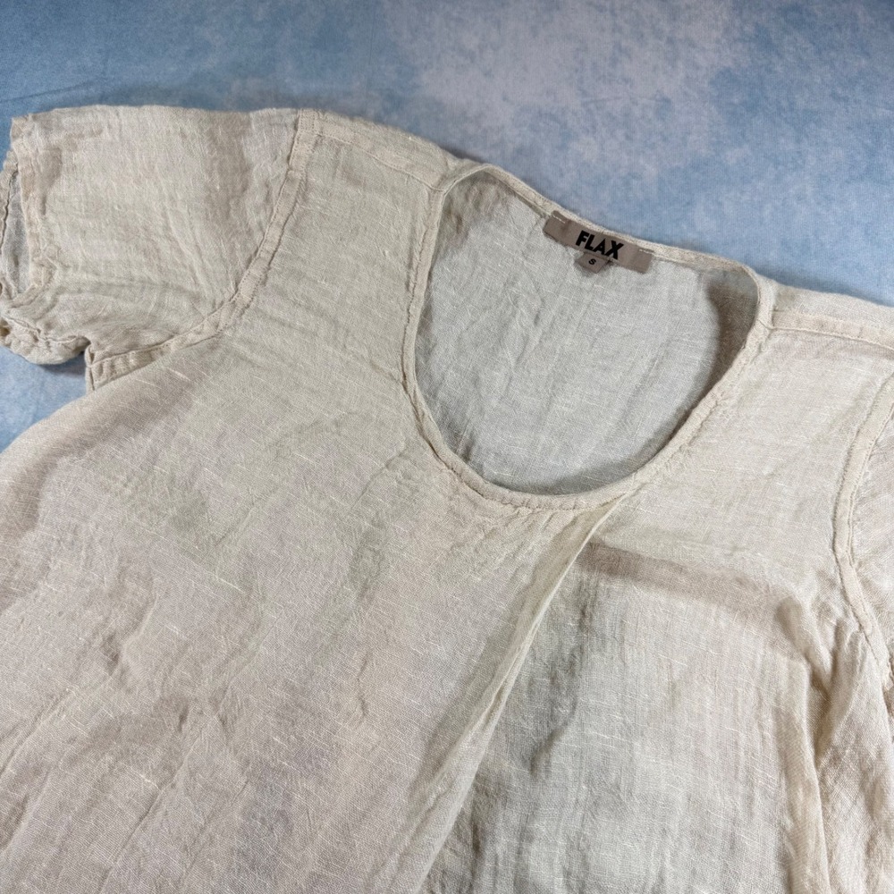FLAX Linen Tunic Top Womens S Oatmeal Excellent Short Sleeve Pocket T-Shirt